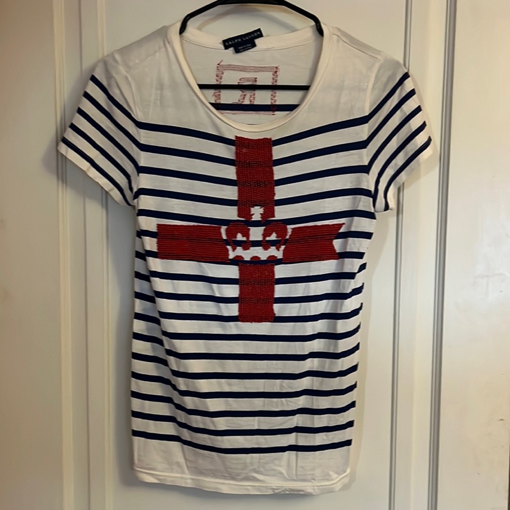 Ralph Lauren Beaded T Shirt Size S white with blue stripes and red beads